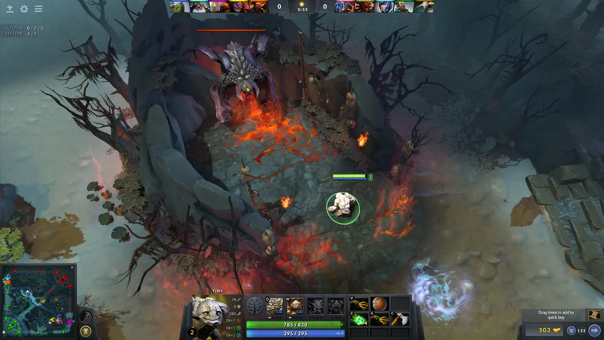 Dota 2 — nocna mapa ze zniszczoną wieżą i bohaterem na pierwszym planie, w rogu widoczna minimapa