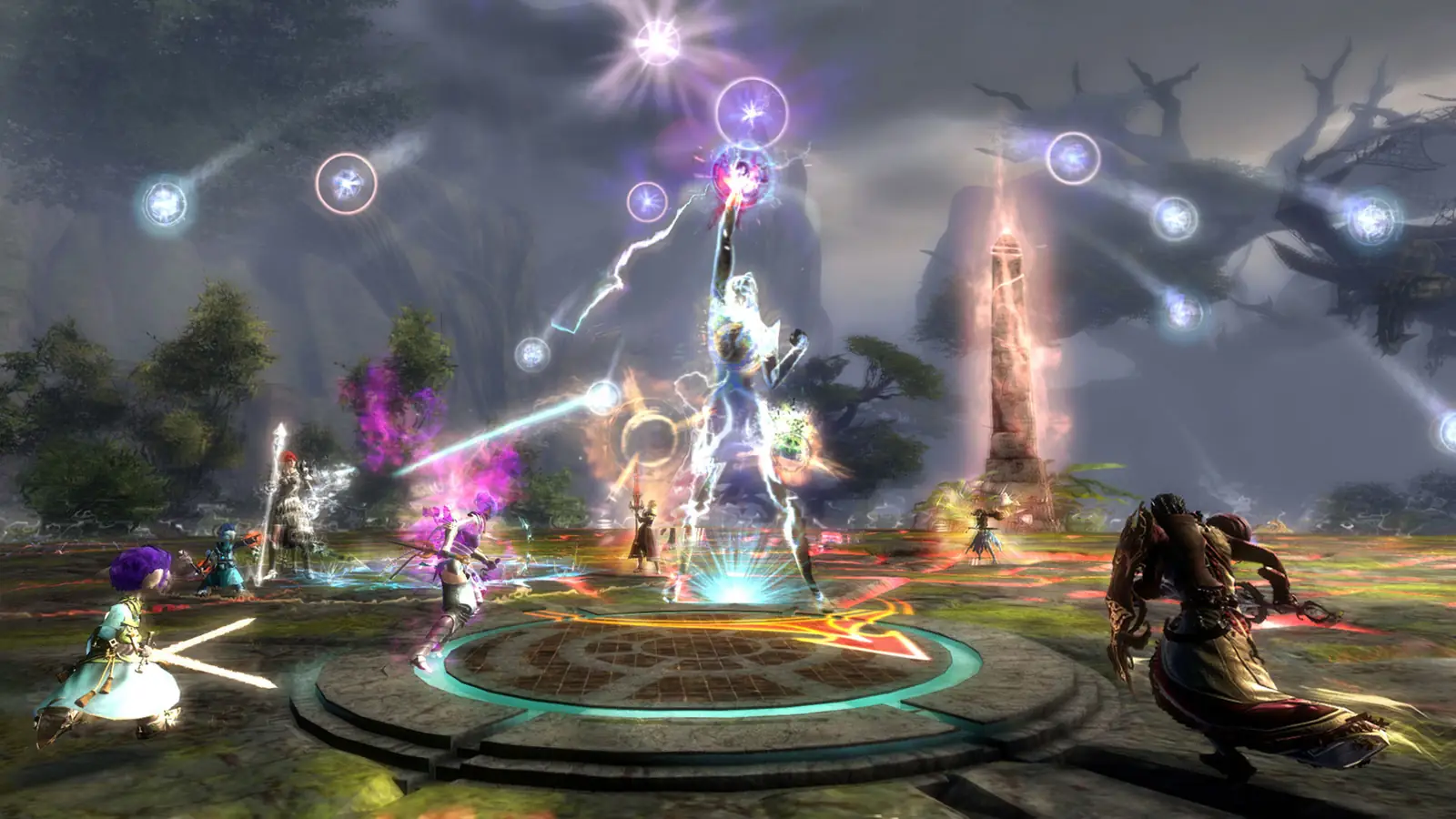 Guild Wars 2 — grupa bohaterów w kręgu świetlnych efektów przy wieży w mrocznej krainie