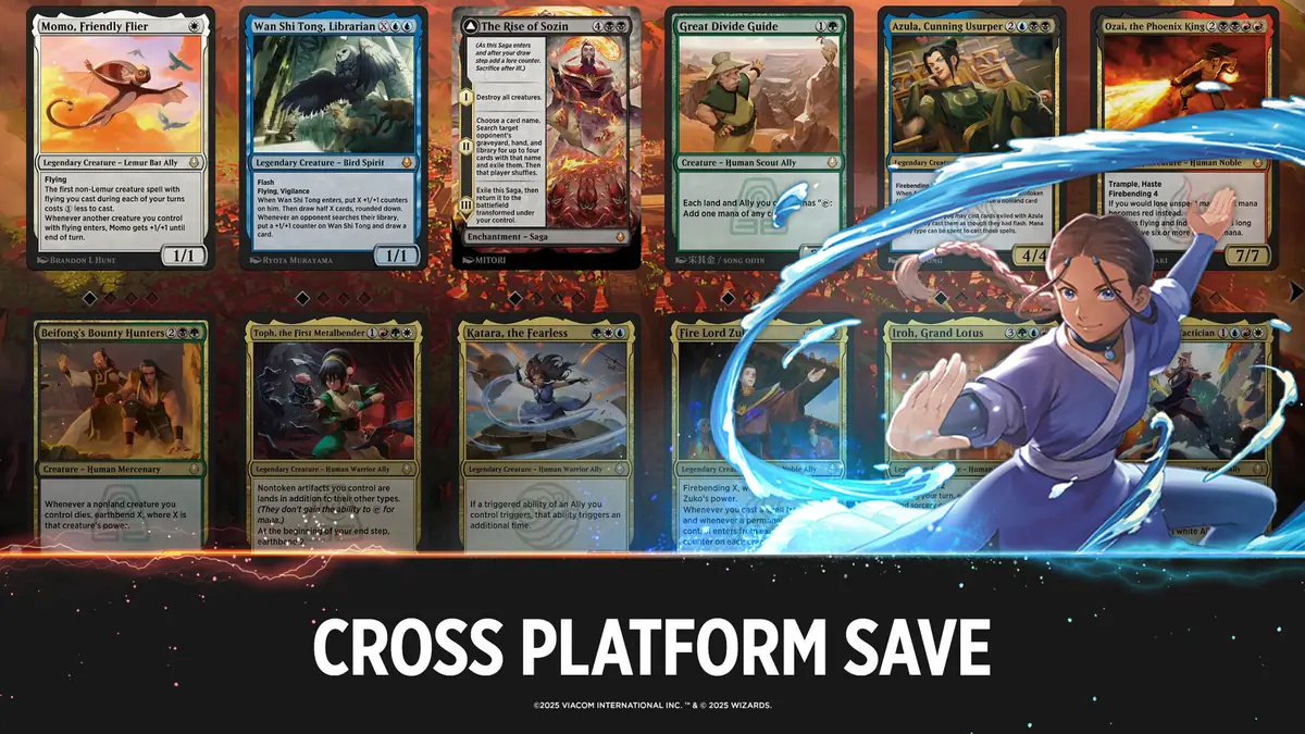 Magic: The Gathering Arena — plansza z ręką kart i postacią maga wody, w tle informacja o zapisie międzyplatformowym