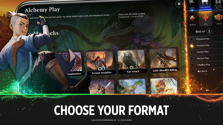 Magic: The Gathering Arena — ekran wyboru formatu rozgrywki z listą trybów i podglądem kart