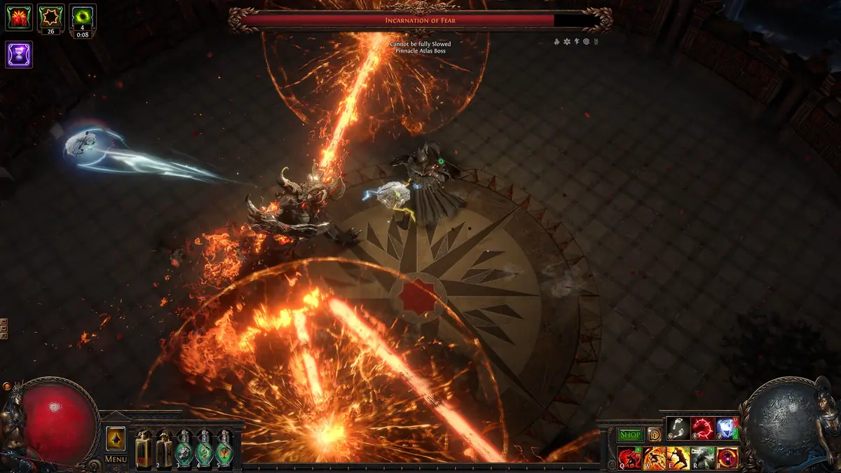 Path of Exile — izometryczna scena z ognistymi promieniami rozchodzącymi się po kamiennej arenie