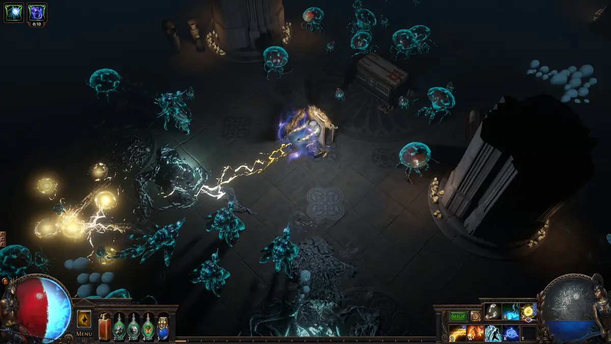 Path of Exile — podziemna komnata z lazurowymi kulami energii unoszącymi się wokół postaci