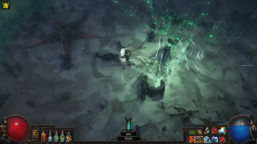 Path of Exile — izometryczna scena walki w zielonkawej mgle wśród świetlistych oparów